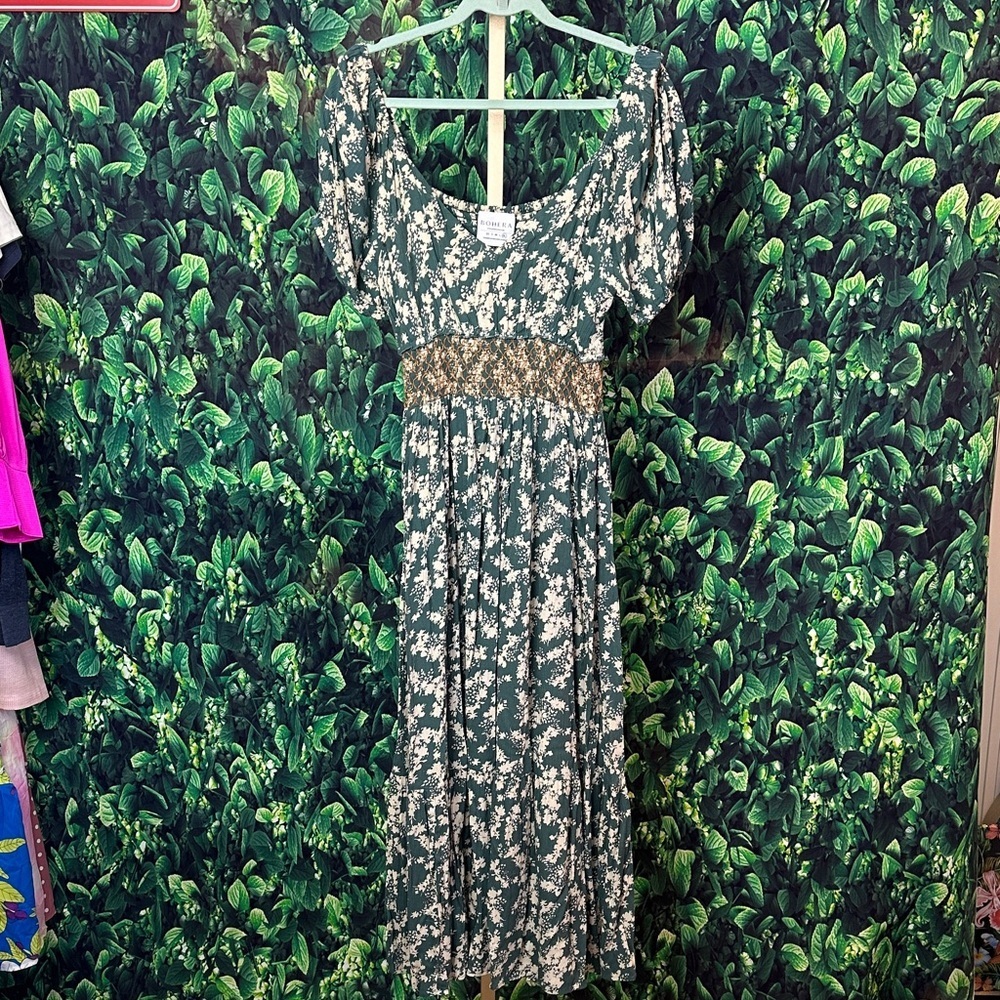 Boho Western Green Floral Smocked Maxi Dress